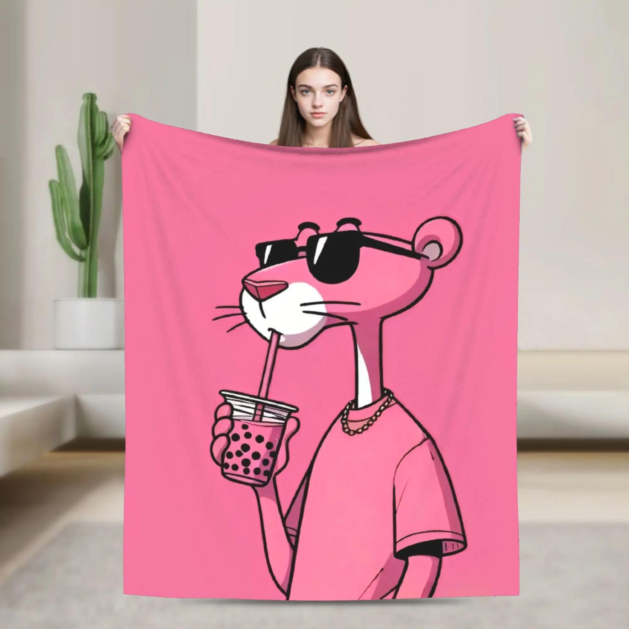 P-Pink P-Panther شرب مشروب بطانية الصوف مضحك لينة رمي بطانية للمنزل مطعم الخريف/الشتاء ،