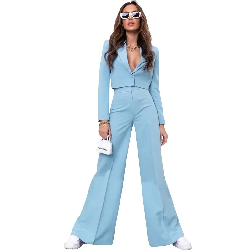 Women Elegant Autumn Pant Sets V Neck Short Blazer Matching Sets Coats Two Piece Sets Wide Leg Long Pants Set High Waist Work