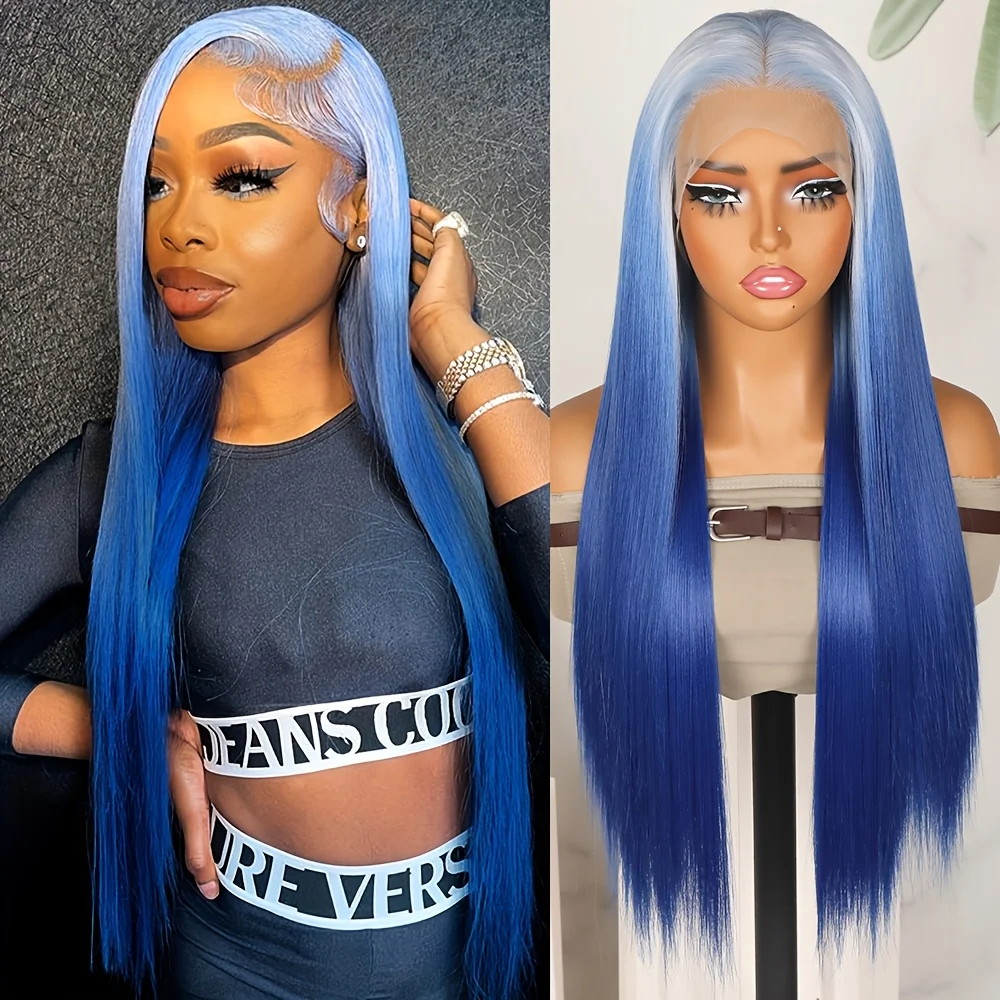 

Белый парик с эффектом омбре, синий, с синтетическим кружевом спереди, предварительно выщипанный, с естественной линией роста волос, без клея, длинные прямые волосы, парик для вечеринок