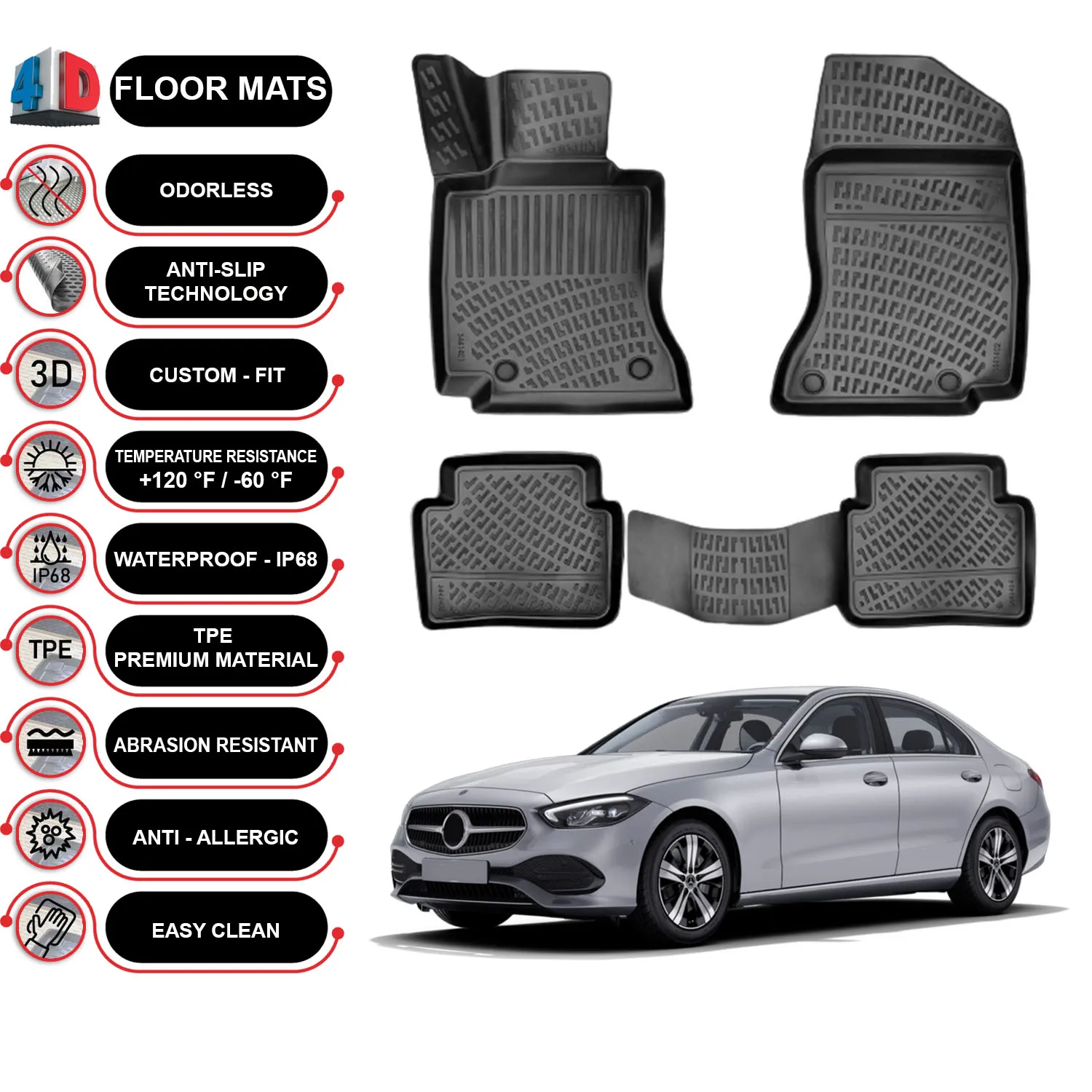 Mercedes C Class W206 - (2021-2023) Floor Mats Liner Waterproof 3D - (Black)