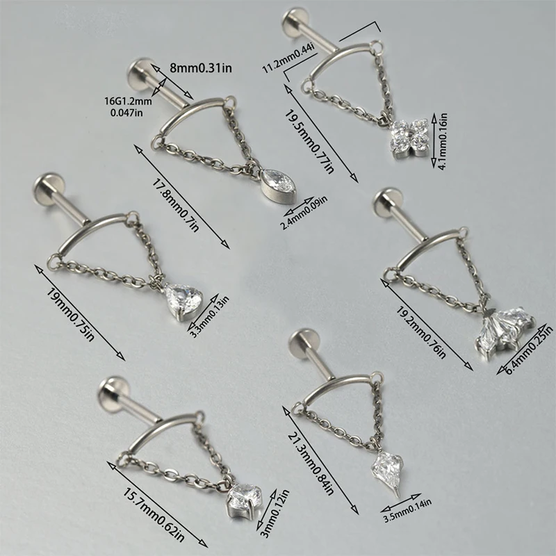 1PC ASTM F136 Titanium Piercing Labret Stud Internal Thread Lip Stud CZ Flower Pendant Chain Helix Tragus G23 Titanium Jewelry