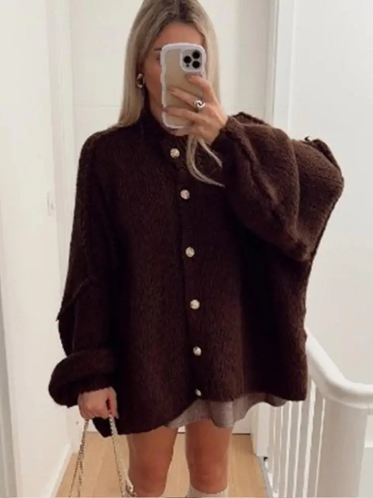 Casual Burgundy Red Oversized Knitted Cardigan For Women Elegant Lantern Sleeve Single Breasted Sweater Autumn Lady New Knitwear