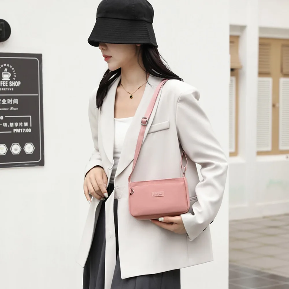 

Adjustable Strap Nylon Square Bag Soft Solid Color Large Capacity Shoulder Bag Letter Label Texture Casual Women Pouch School