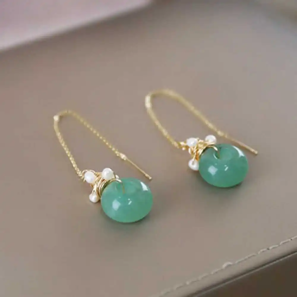 Fashion Natural jade ring Rice pearls Earrings Ear wire Women Ear stud Beautiful Diy