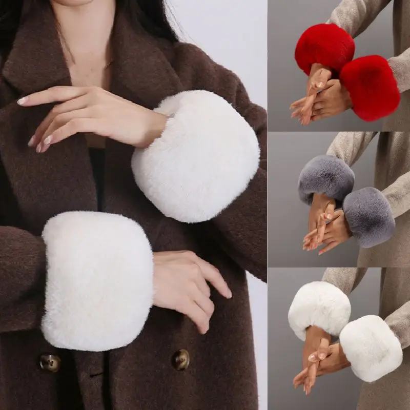 1pair Women Thick Fur Cuffs Winter Soft Faux Fur Plush Cuff Windproof Gloves Hand Wrist Warmer Cuff Clothing Accesories