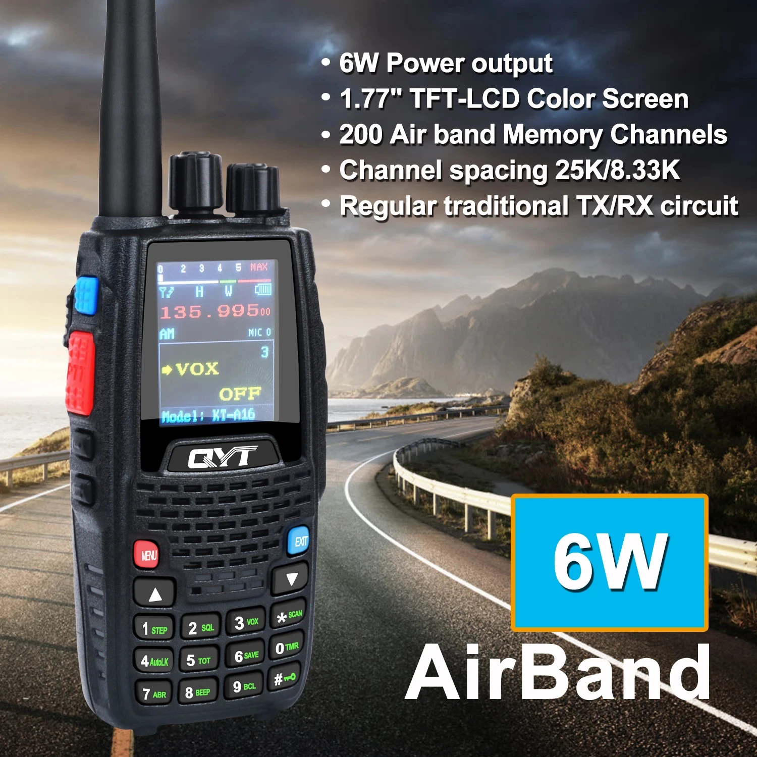 

QYT KT-A16 6W 118-136MHz Aviation Transmitter Band Radio NOAA Weather Long Distance Handheld VOX Transmit Air HT Walkie Talkie