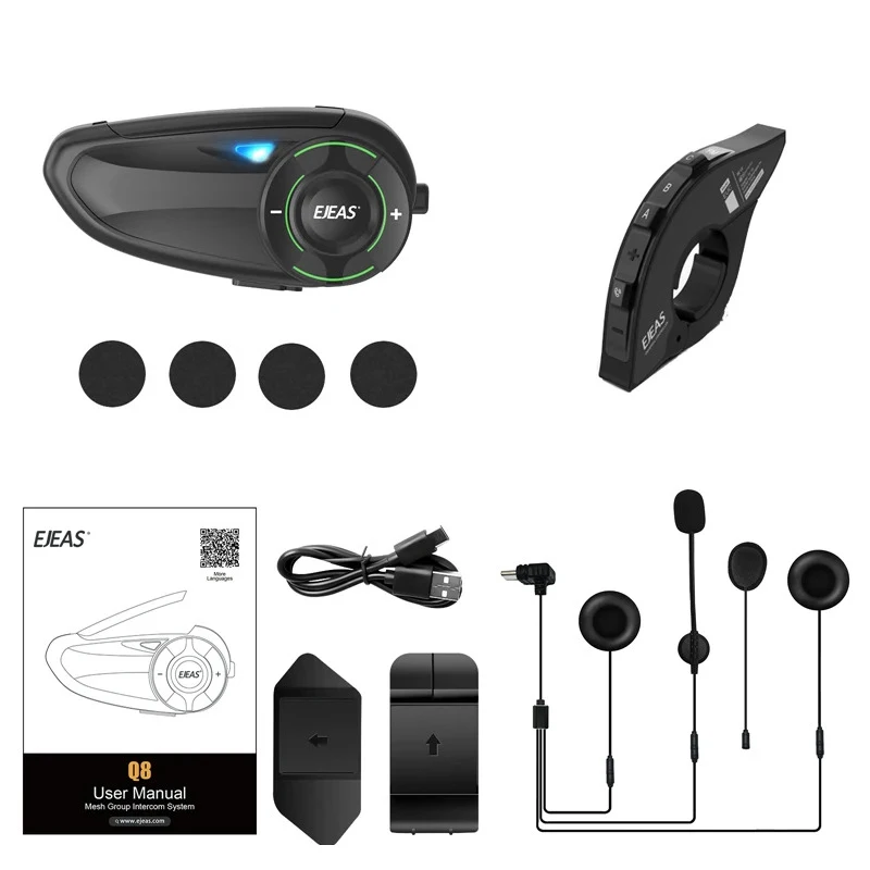 EJEAS Q8 Motorfiets Mesh Intercom met EUC Remote Walkie Talkie Bluetooth Interphone Headset voor 6-rijders met Bluetooth 5.1