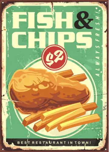 Fish & Chips Metal Sign, Vintage Fast Food Plaque, American Diner, Fridge Magnet