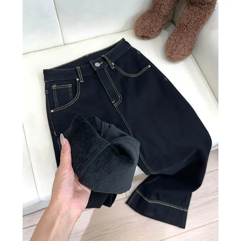 

Темно-синие бархатные утепленные джинсы для женщин осенью и зимой. Новые маленькие широкие брюки с высокой талией и девятью точками.