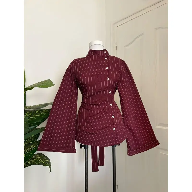 Autumn and winter new Chinese style women's buckle striped stand collar trumpet sleeves cinched waist tie up slimming top