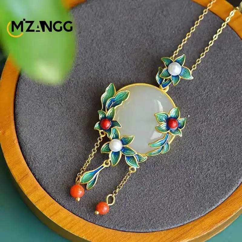 Natural Hotan White Jade Gilt Blue Orchid Pendant Vintage Decorative Sweater Chain Exquisite Jewelry Gift for Ladies