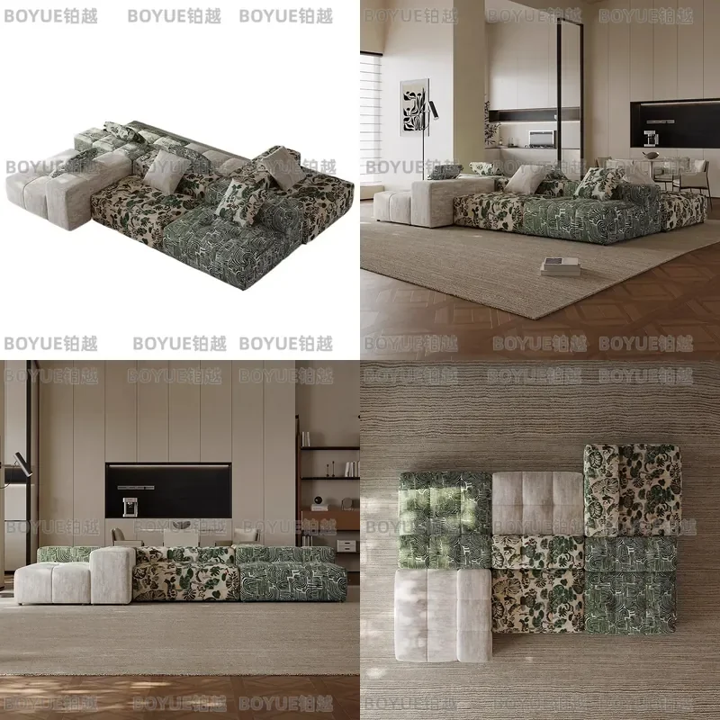 French Retro Pixel Modular Sofa Tofu Block Fabric Couch Large Living Room Furniture Vintage Style Sectional Seating for Home