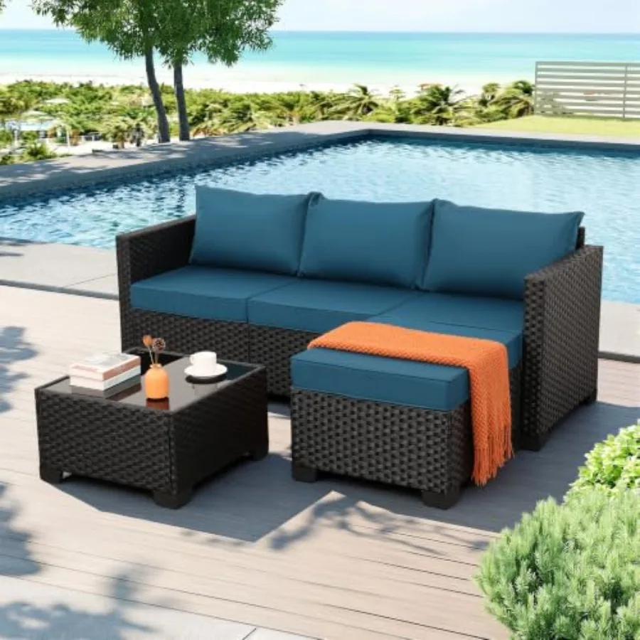 Outdoor Furniture Set 3 Pieces Wicker Patio Furniture Outdoor Sectional Patio Couch Outdoor Coffee Table All-Weather Non-Slip C