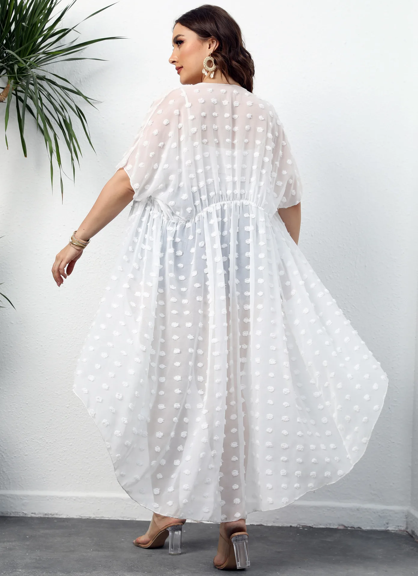 Vestido veraniego de talla grande para mujer, Kimono de gasa, Vestido largo de playa, cubierta de Bikini, estampado de puntos 3D, cintura ajustable con cordones