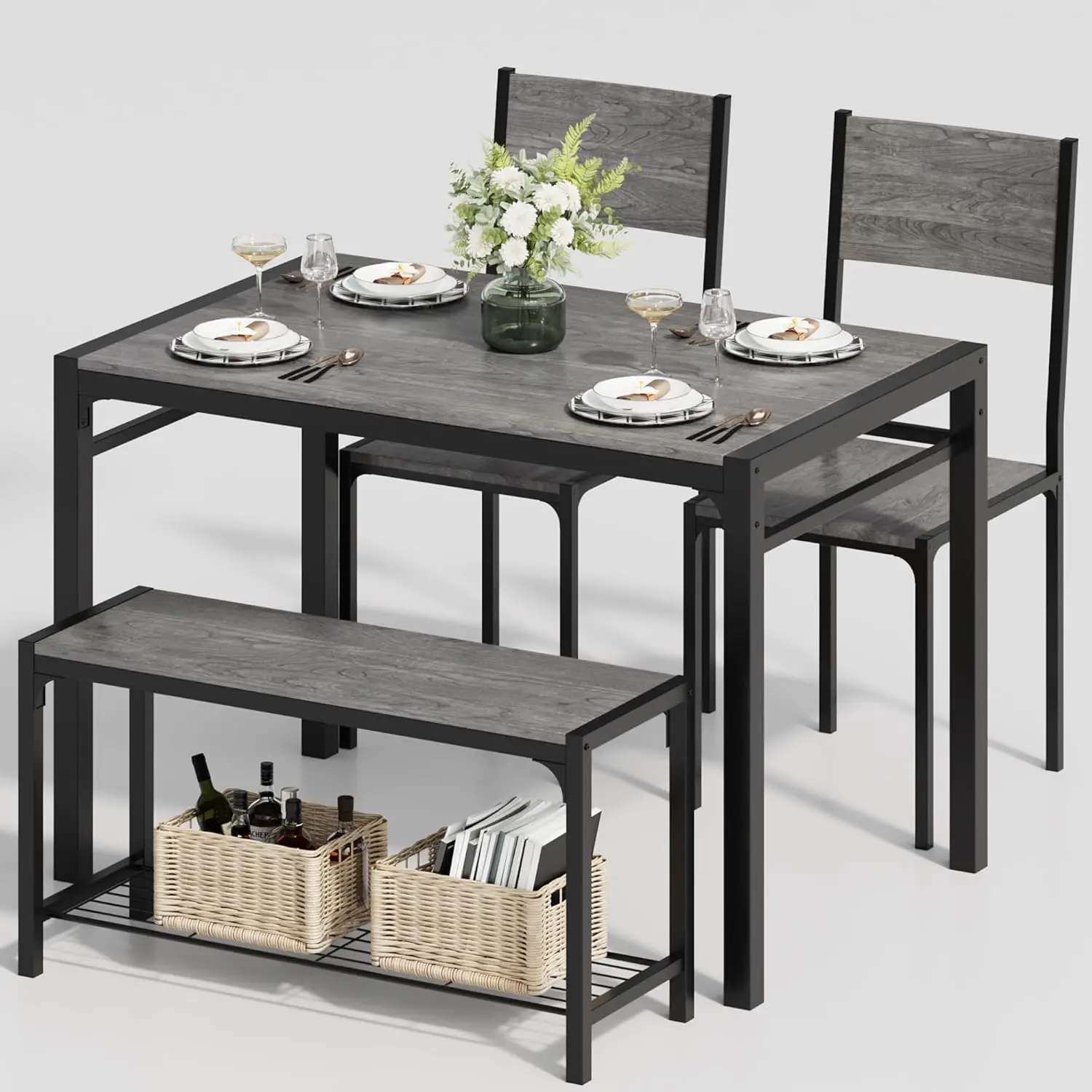 Juego de mesa de comedor para 4, mesa de cocina moderna, banco y sillas, juego de mesa de comedor rectangular con banco de almacenamiento para spa pequeño