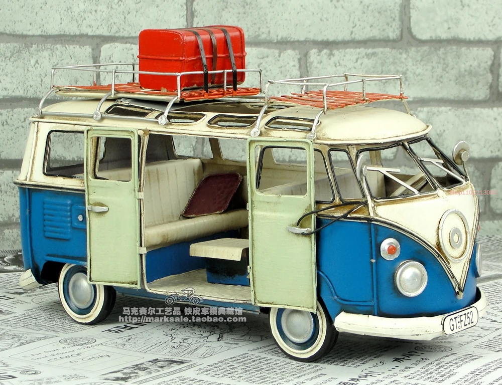 Antique Car Models Handmade Retro Metal Crafts Classic Camper RV for Ornaments Home Dining Room Decorations Vw Bus