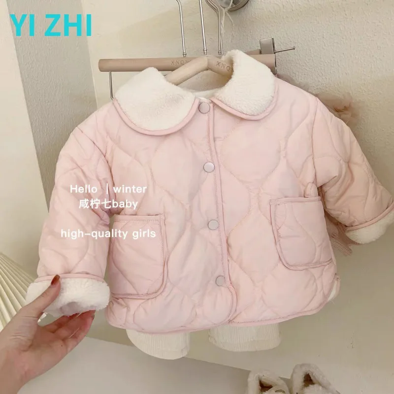 Girls Cotton Jacket WinterKorean Style Childrens Plush Cotton Jacket Fashionable Sweet Winter Outfit Thickened Warm Jacket