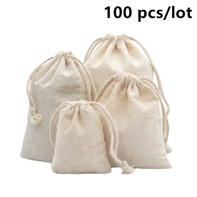 100 Pcs/Lot Cotton Drawstring Bags for Wedding Christmas Gift DIY Package Small Plain Pouches Home Dustproof Storage Sacks