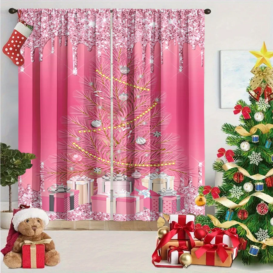 2PCS Digital Print Curtain, Pink Glitter Christmas Tree with Gifts and Icicle Effect, Dreamy Sparkly Holiday, for Bedroom Decor