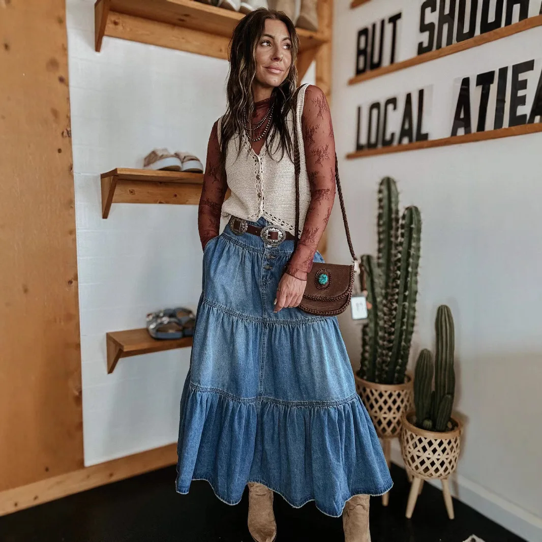 Bohemian Style Cowboy Skirt Women Personalized Street Fashion A-line Tiered Cake Denim Skirts All-match Commuting Clothing New
