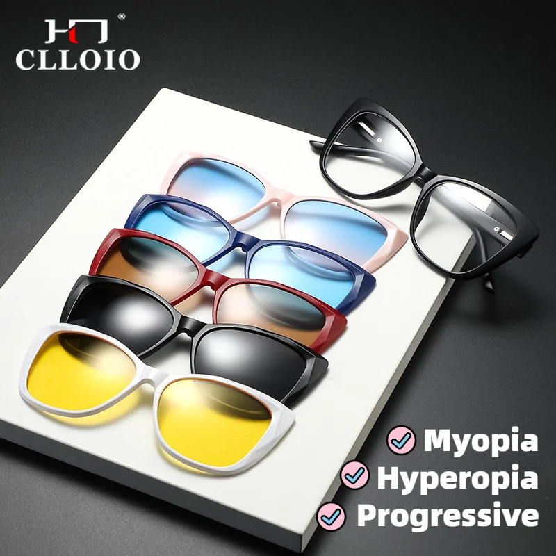 

CLLOIO Fashion 6 In 1 Magnet Clip On Cat Eye Driving Polarized Sunglasses Women Myopia Prescription Reading Progressive Glasses