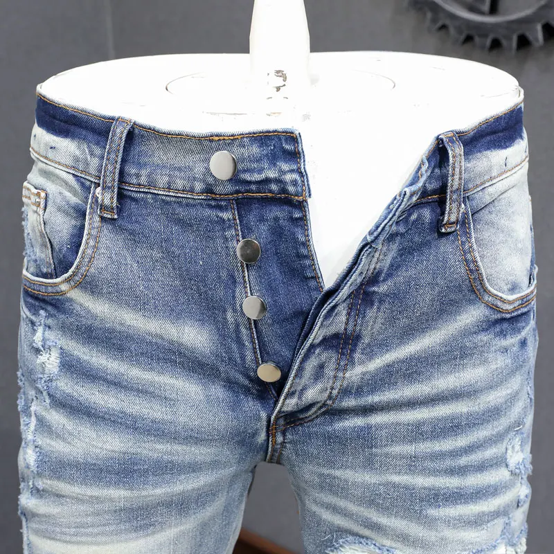 Designer High Street Fashion New Men's Jeans Stretch Slimming Splice Leather Jeans Washed Blue Hip Hop Brand Pants Hombre