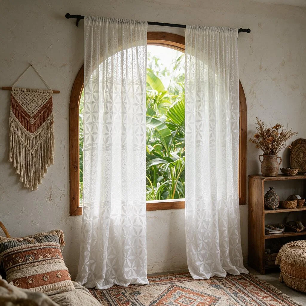 1PC Geometric Hexagonal Lace Curtain, Top Hook Design, French Minimalist Luxury Style, Suitable for Bedroom Living Room Balcony,