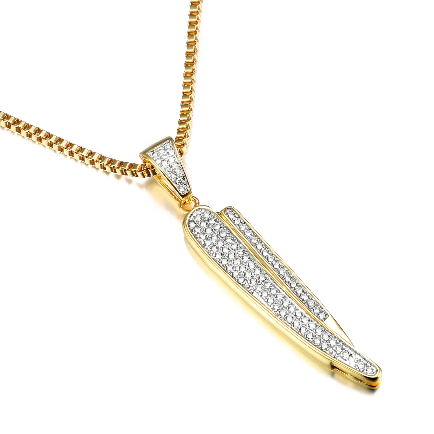VANAXIN Hip Hop Barber Razor Pendant Necklace 14K Gold Plated Full Pave Zircon for Men Unisex Streetwear Jewelry Gift