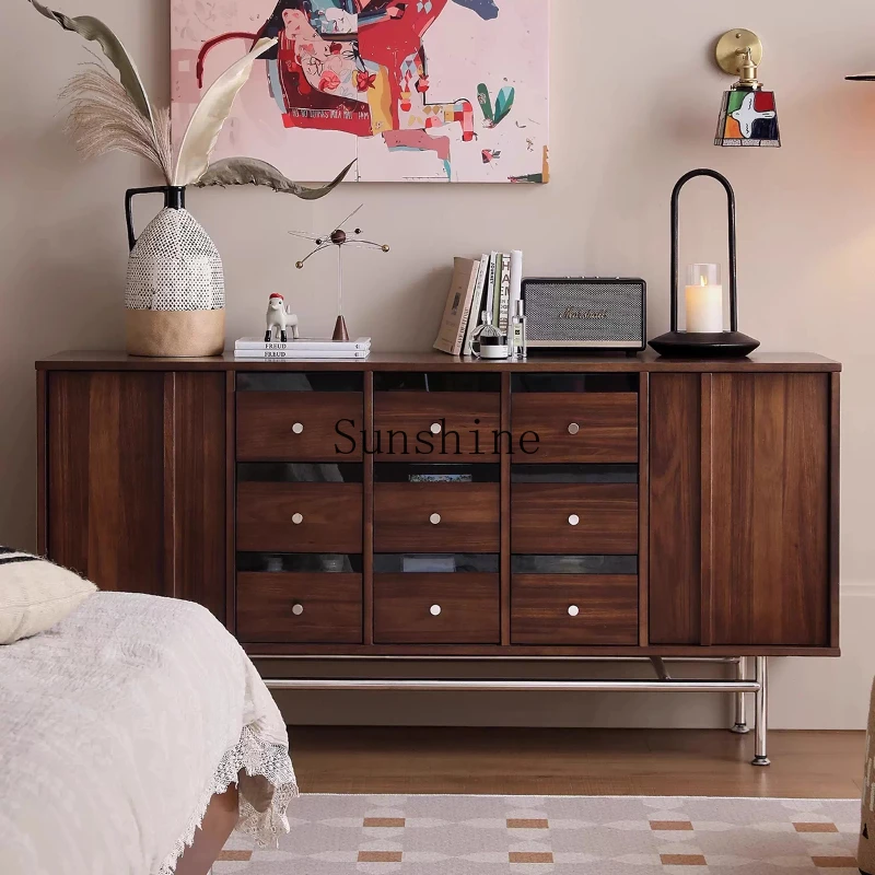 Solid wood dining side living room storage small apartment, bedside storage nine buckets retro low cabinet