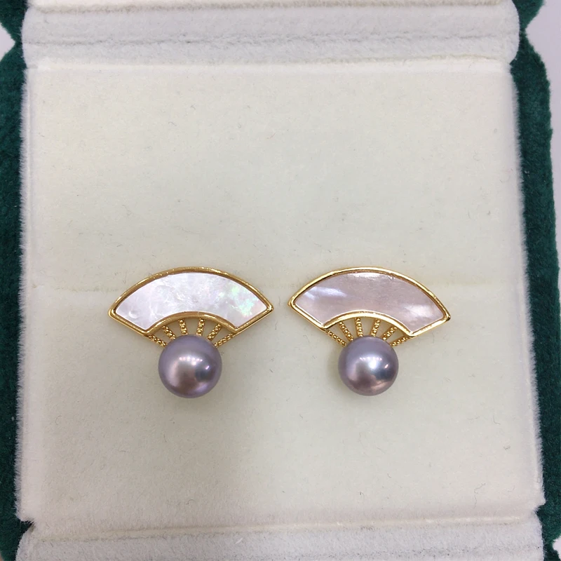 ZHBORUINI Hot Selling Natural Freshwater Pearl Earrings for Women Sea Shell Chinese Fan Shape Pearl Jewelry S925 Silver Needle