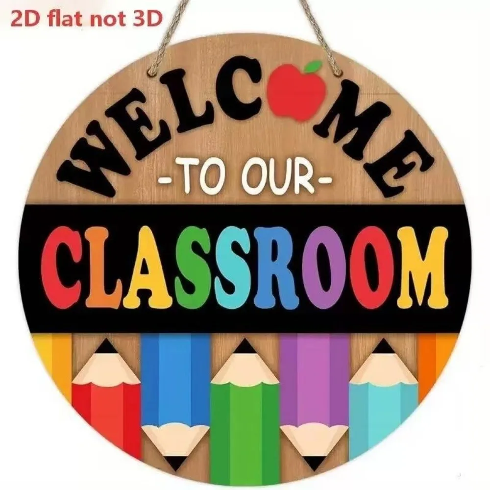 2D Flat Welcome Sign Round Wooden Colorful Classroom Door Sign Ornaments Decoration School Door Hanging Back to School