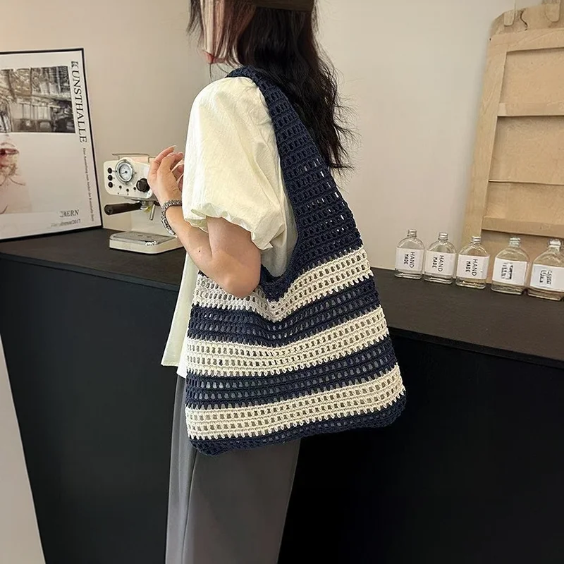 Holiday travel knitted single shoulder bag, retro mesh hollowed out handbag, simple woven bag, cross-border handheld versatile