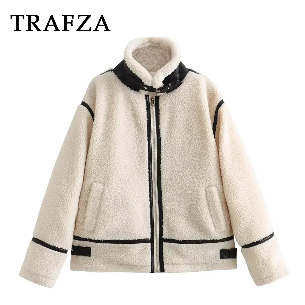 TRAFZA 2023 Women Autumn Winter lambswool Casual Jackets Fashion Streetwear Solid Loose Zippers Demi-season Jacket For Women