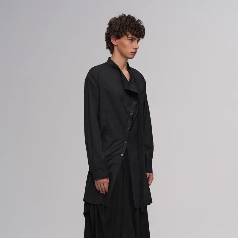 WVGA Spring Autumn New Men Asymmetrical Collar Ribbon Long Sleeve Shirt Handmade Raw Edge Mid-Length Dark Pattern Top Ins W26776