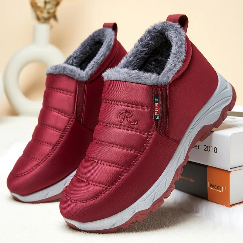High quality short ankle snow cotton boots for women round toe thickening new 2023 winter casual plush warm shoe - black red