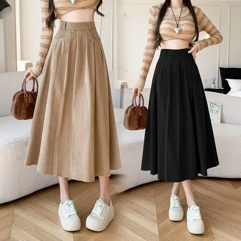 

Retro Corduroy Skirt Women's Spring Autumn Mid-Length Pleated High-waisted Skirts Aesthetic Fashion Clothing 2024 Rave Midi Long