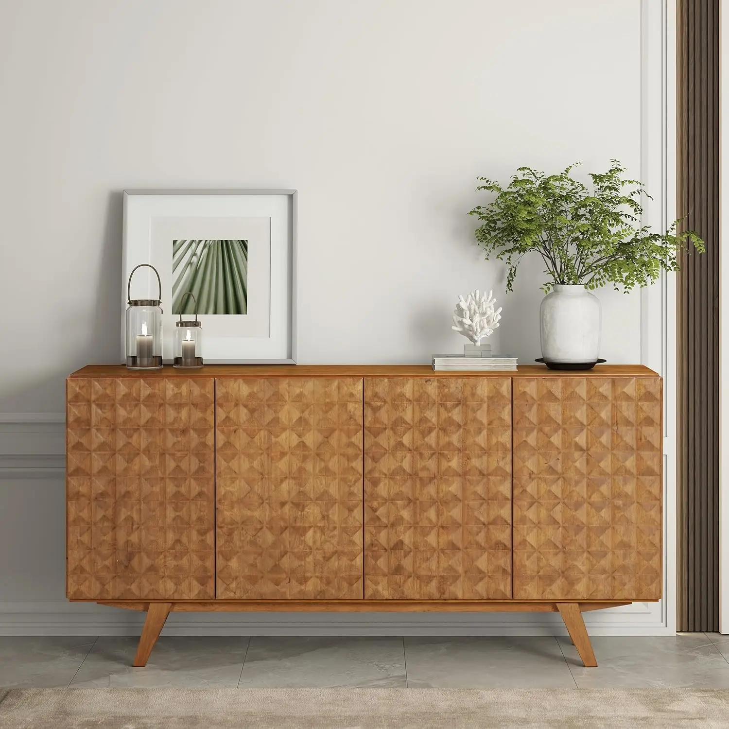 

Mid-Century 4-Door Solid Wood Buffet Cabinet Carved Geometric Front Living Room Entryway Teak Finish, Customized