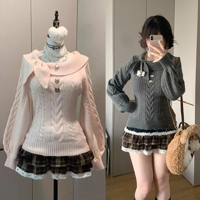 

Vintage Long Sleeve Sweater Off Shoulder Jumpers Korean Winter Women Casual Fake Two Pieces Knitwear Y2k