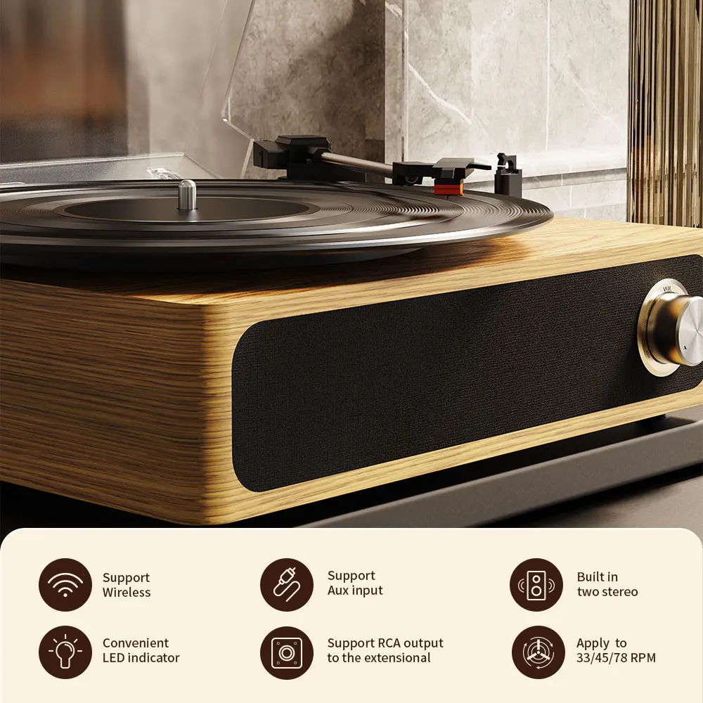 Record Player A4, Vintage Audio Turntables 3-Speed 33/45/78RPM Vinyl Spinner with Speakers, Headphone Jack, USB, AUX-in，RCA