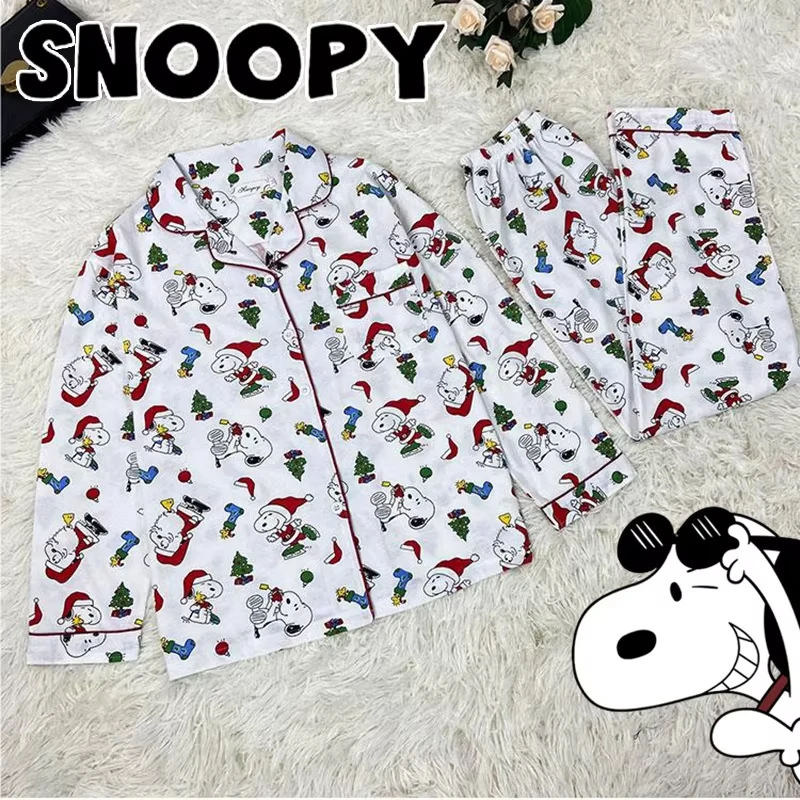 

Snoopy New Cotton Cardigan Cute Pajamas Soft and Skin Friendly Spring Autumn Sleepwear Set Men Women Home Anime Clothes Gift