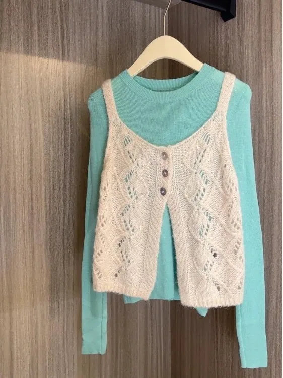 

Women's Knitted Vest Set een Base Layer Tank Top And Outerwear Two-Piece Suit Commute Sle Hollow out Design Long Sve