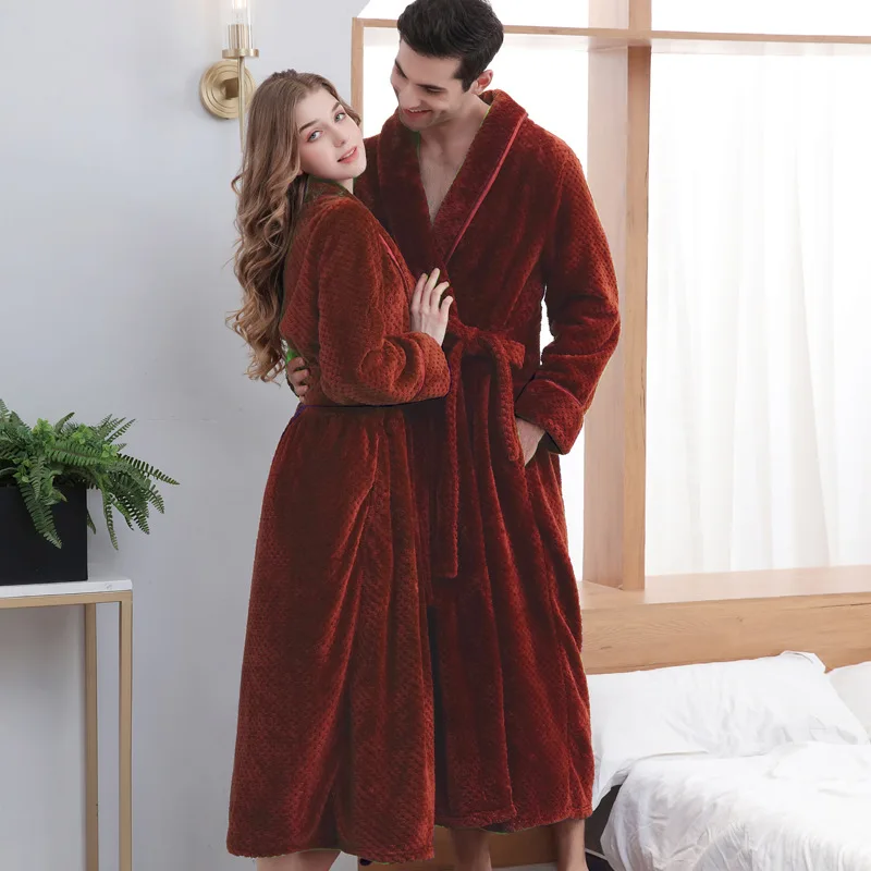 Large Size Flannel Long Robe Autumn Winter Thickened Couple Sleepwear Kimono Bathrobe Gown Nightgown Loose Coral Fleece Homewear