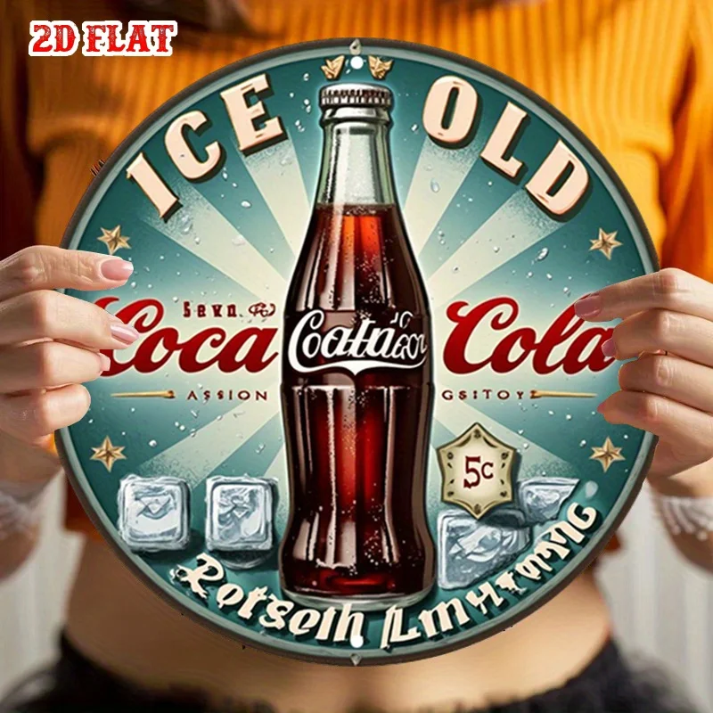 مسطح ثنائي الأبعاد، قطعة واحدة من زجاجة الصودا العتيقة لتزيين الحائط المعدني القديم - علامة إعلان المشروبات الكلاسيكية، ألوان ريترو باللون الأحمر والأزرق المخضر، جراج العشاء #5