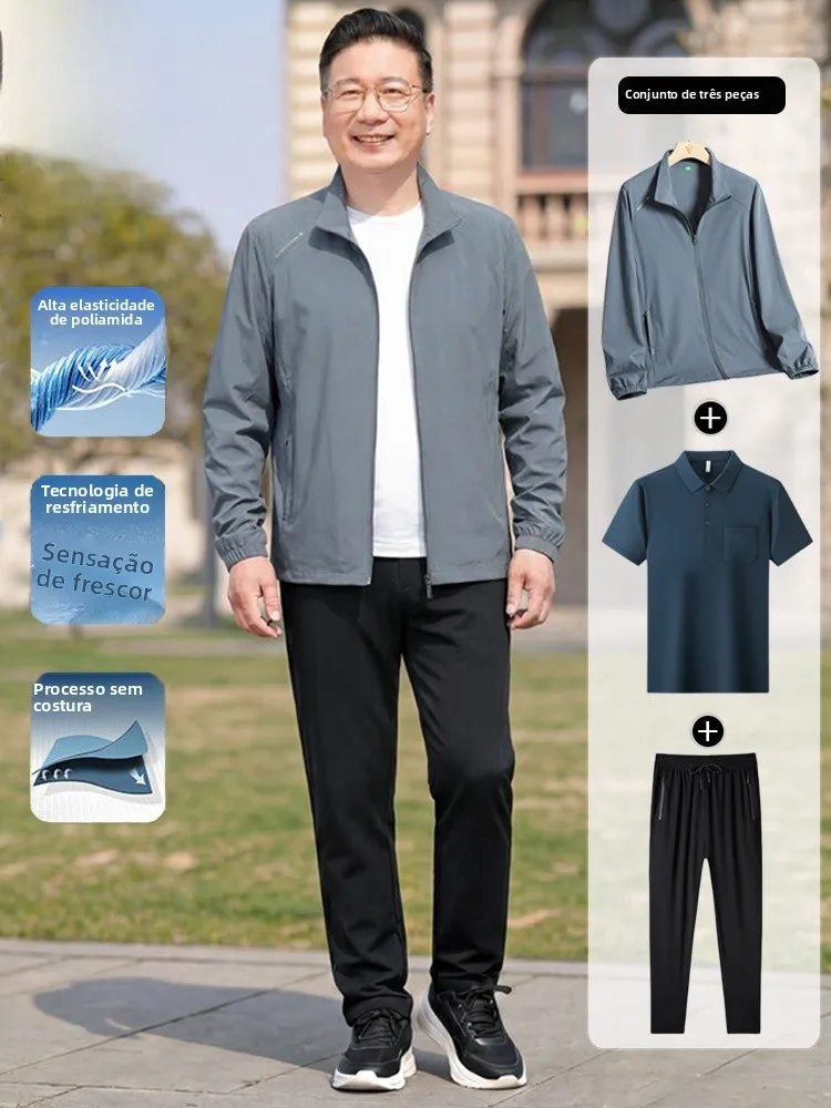Conjunto Masculino TUCANO Casual de Seda Gelada com Gola Alta, Proteção Solar, Secagem Rápida, Manga Longa e Calça - Três Peç...