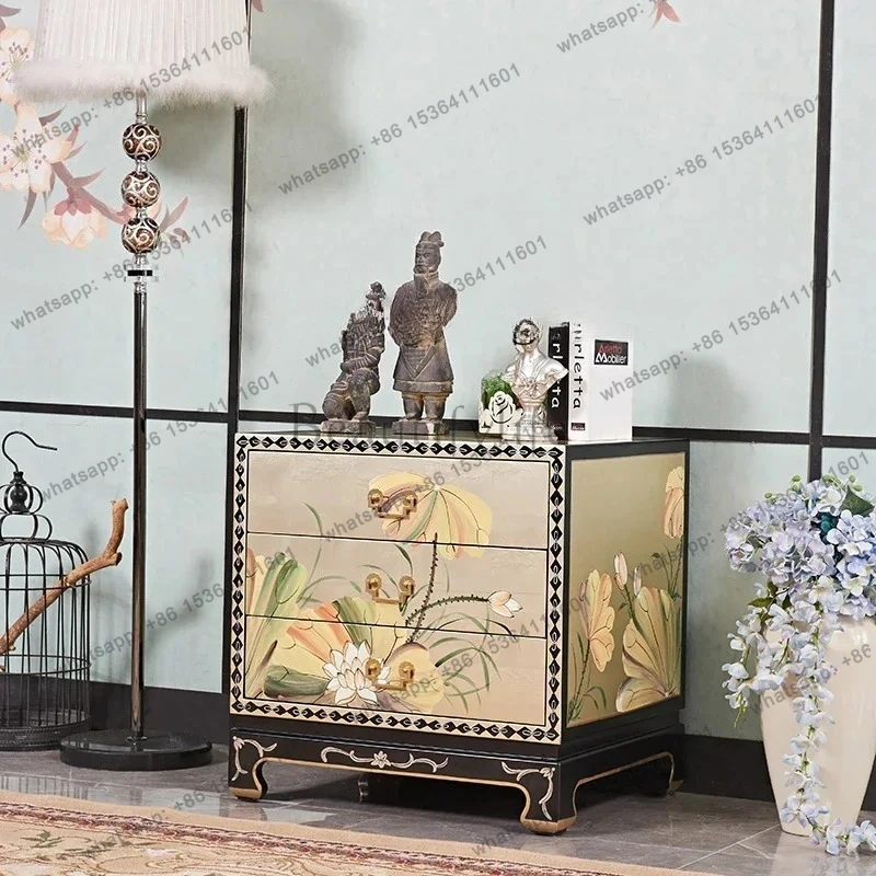 new Chinese classical bedroom champagne silver zen bedside table three bucket cabinet storage cabinet