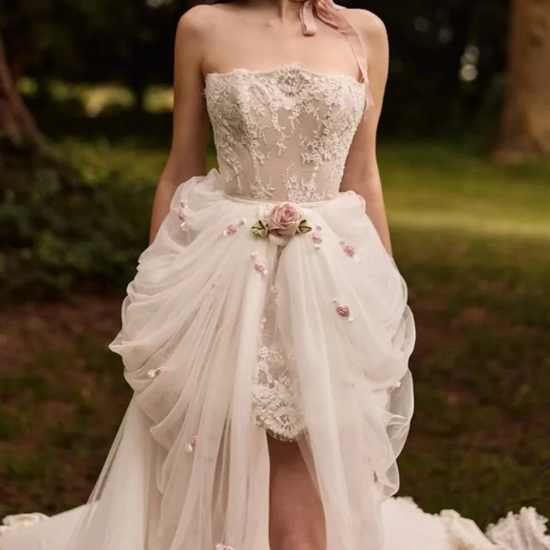 Whiteevening dress ruffle Luxury Beading 3D flower Appliques fishtail slit Sparkly layering Gown Customized