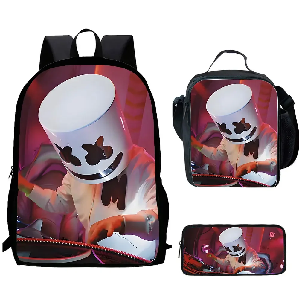 

Cartoon MARSH-M-MELLO DJ Prints Child School Backpack With Lunch Bags Pencil Bags School Bags for Boys Girls Best Gift