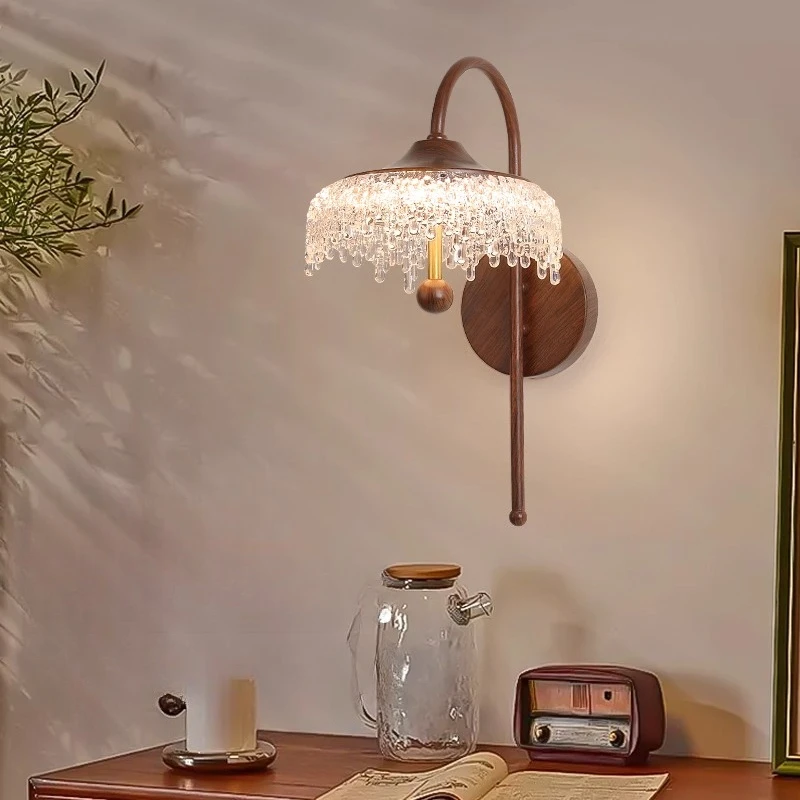 Classical Middle Ancient Style Water Droplet Wall Lamps Retro Walnut Color Bedroom Bedside Living Room Background Sconces Aisle