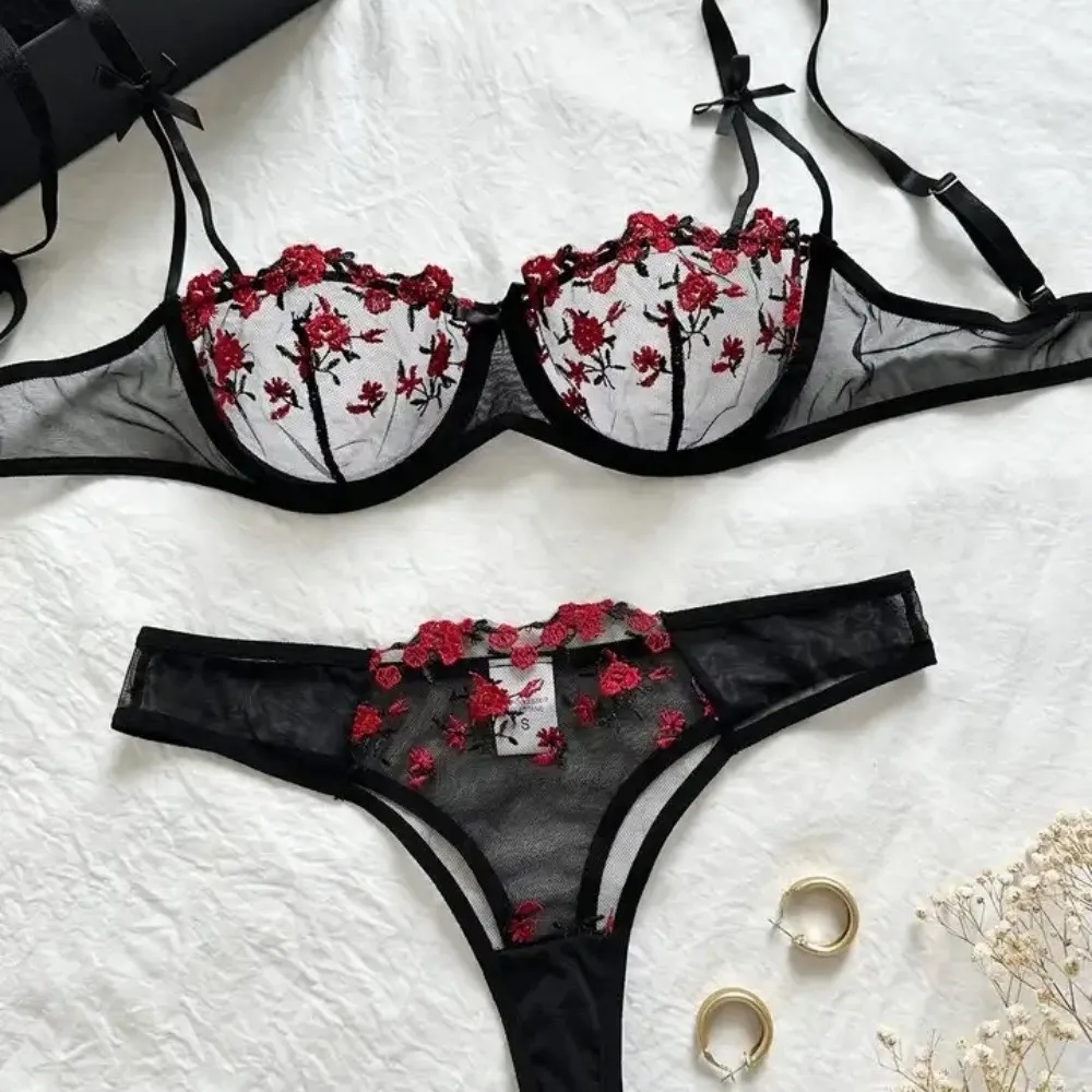 

2pcs Set Comfortable Mesh Lace Flower Bra Sexy Embroidery Bra Panties Set Intimates Bowknot Push Up Bra Women Women