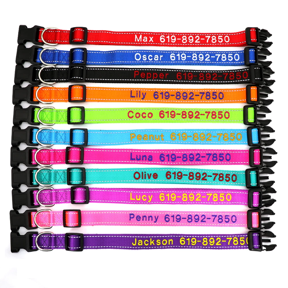 Collar personalizado de nailon reflectante para perro, Collar de identificación para perros, nombre de mascota bordado gratis, número de teléfono